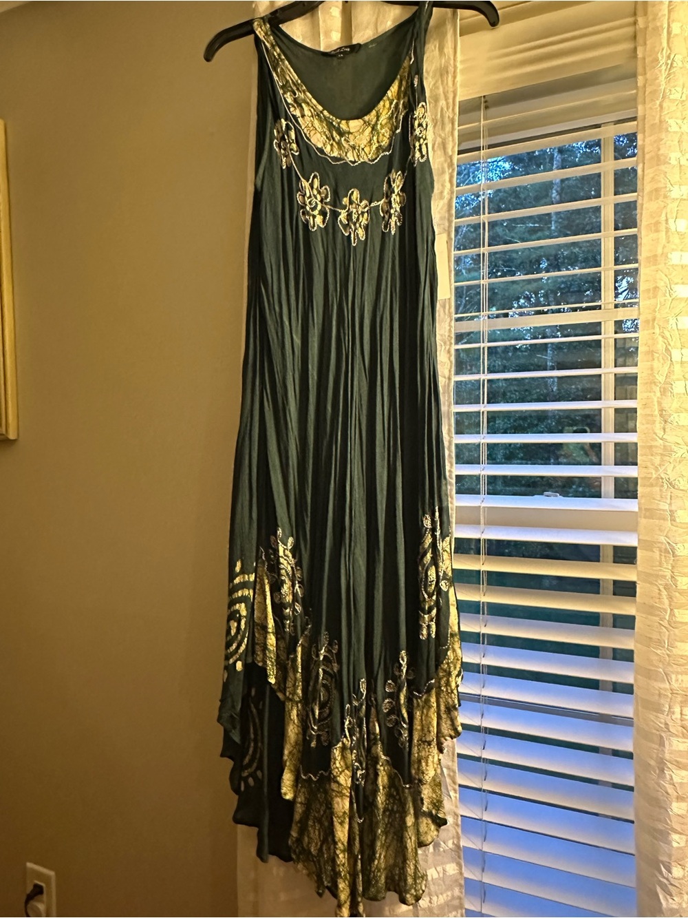 Just Love Dark Green High-Low Dress with Gold Embroidery